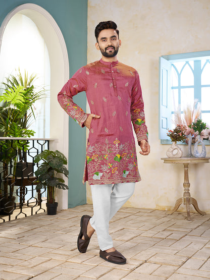 Pink Pure Soft Georgette Cranchi Silk Heavy Embroidery Work Kurta Pajama Kurta Pajama Anant Tex Exports Pvt.Ltd..