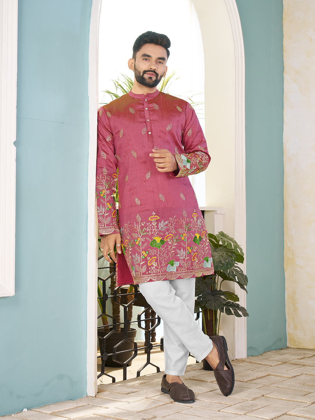 Pink Pure Soft Georgette Cranchi Silk Heavy Embroidery Work Kurta Pajama Kurta Pajama Anant Tex Exports Pvt.Ltd..