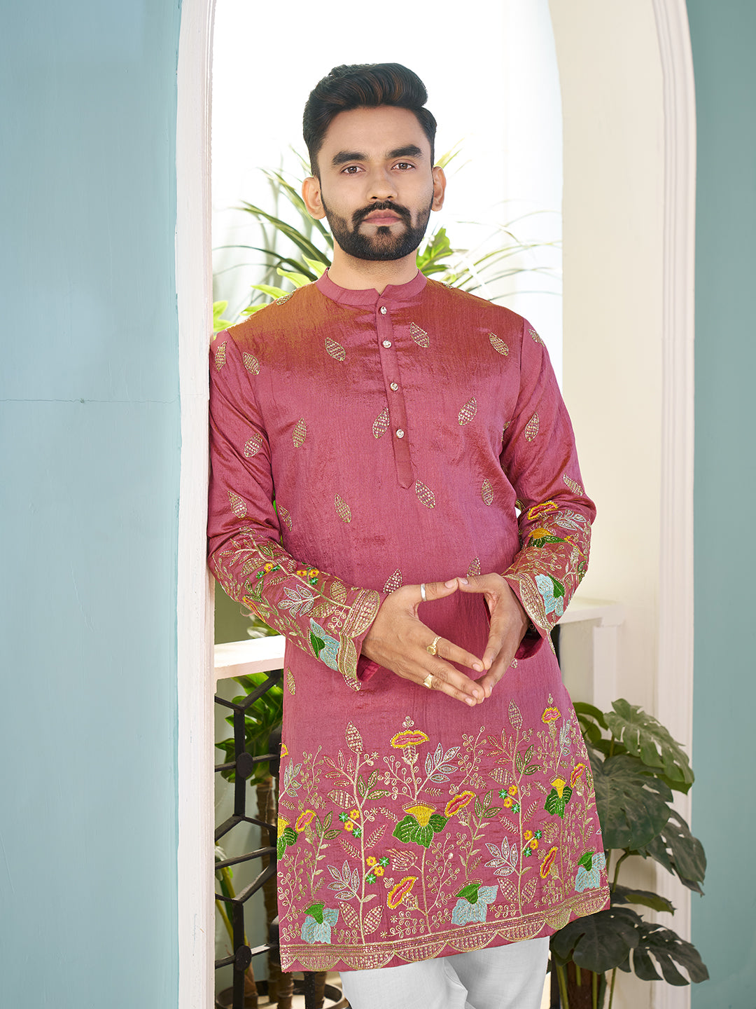 Pink Pure Soft Georgette Cranchi Silk Heavy Embroidery Work Kurta Pajama Kurta Pajama Anant Tex Exports Pvt.Ltd..