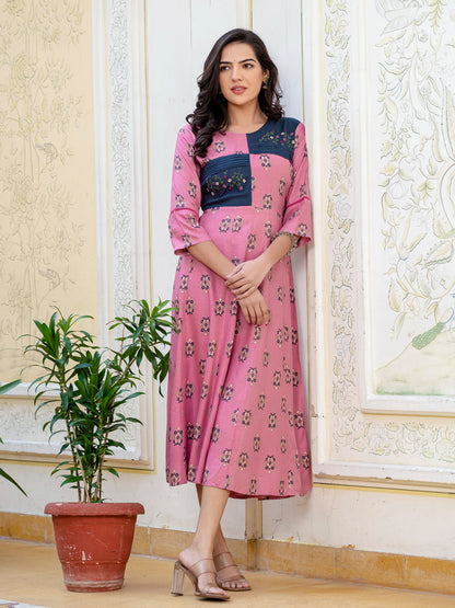 Wine Pure Soft Rayon Print With Embroidery Work Kurti 