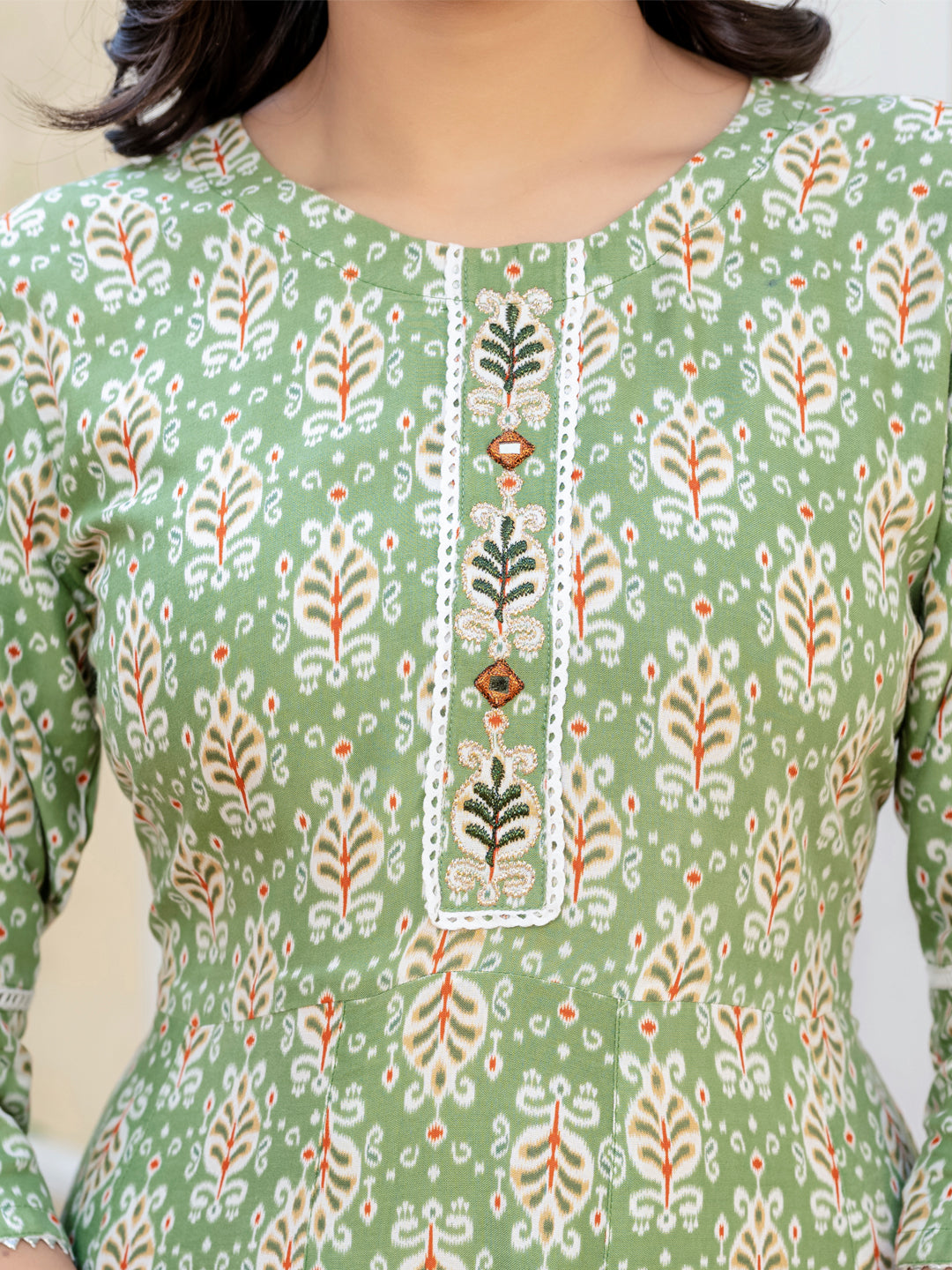 Green Pure Soft Rayon Print With Embroidery Work Kurti 