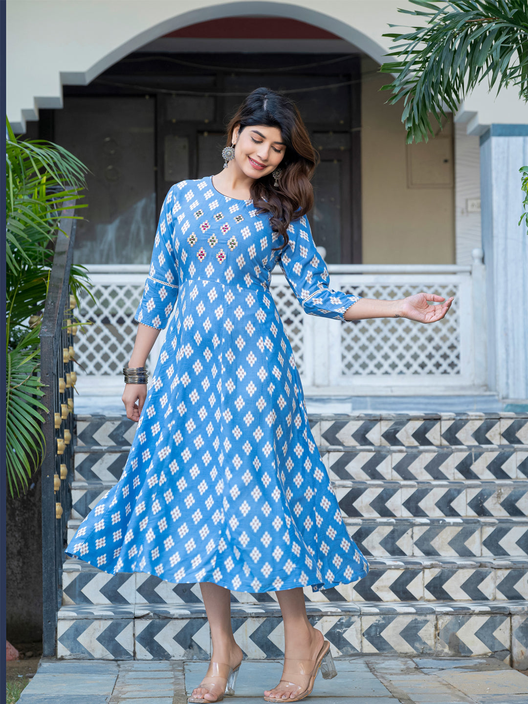 Sky Blue Pure Soft Rayon Print With Embroidery Work Kurti ##color##  with premium fabric and embroidery