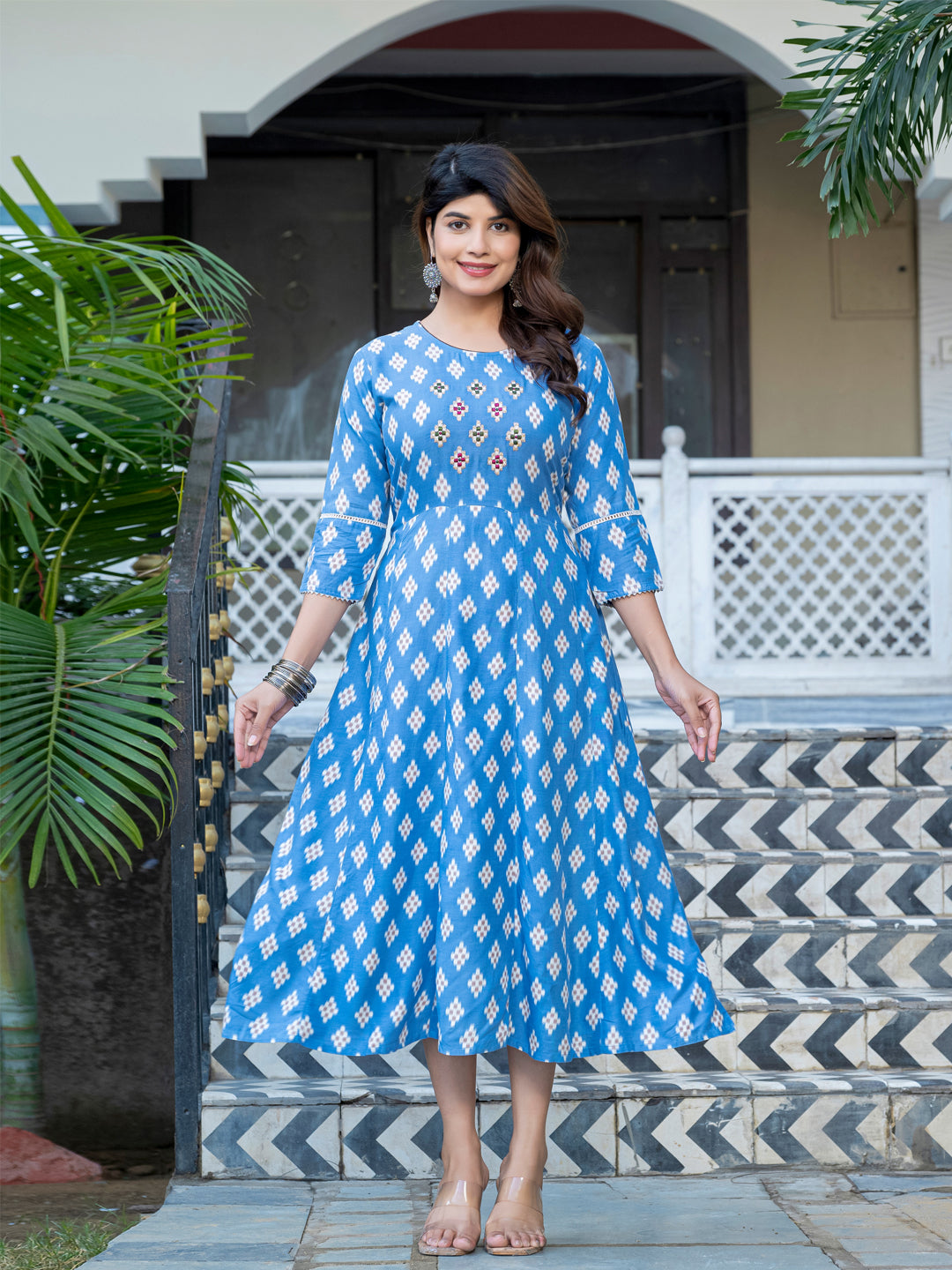 Sky Blue Pure Soft Rayon Print With Embroidery Work Kurti ##color##  with premium fabric and embroidery