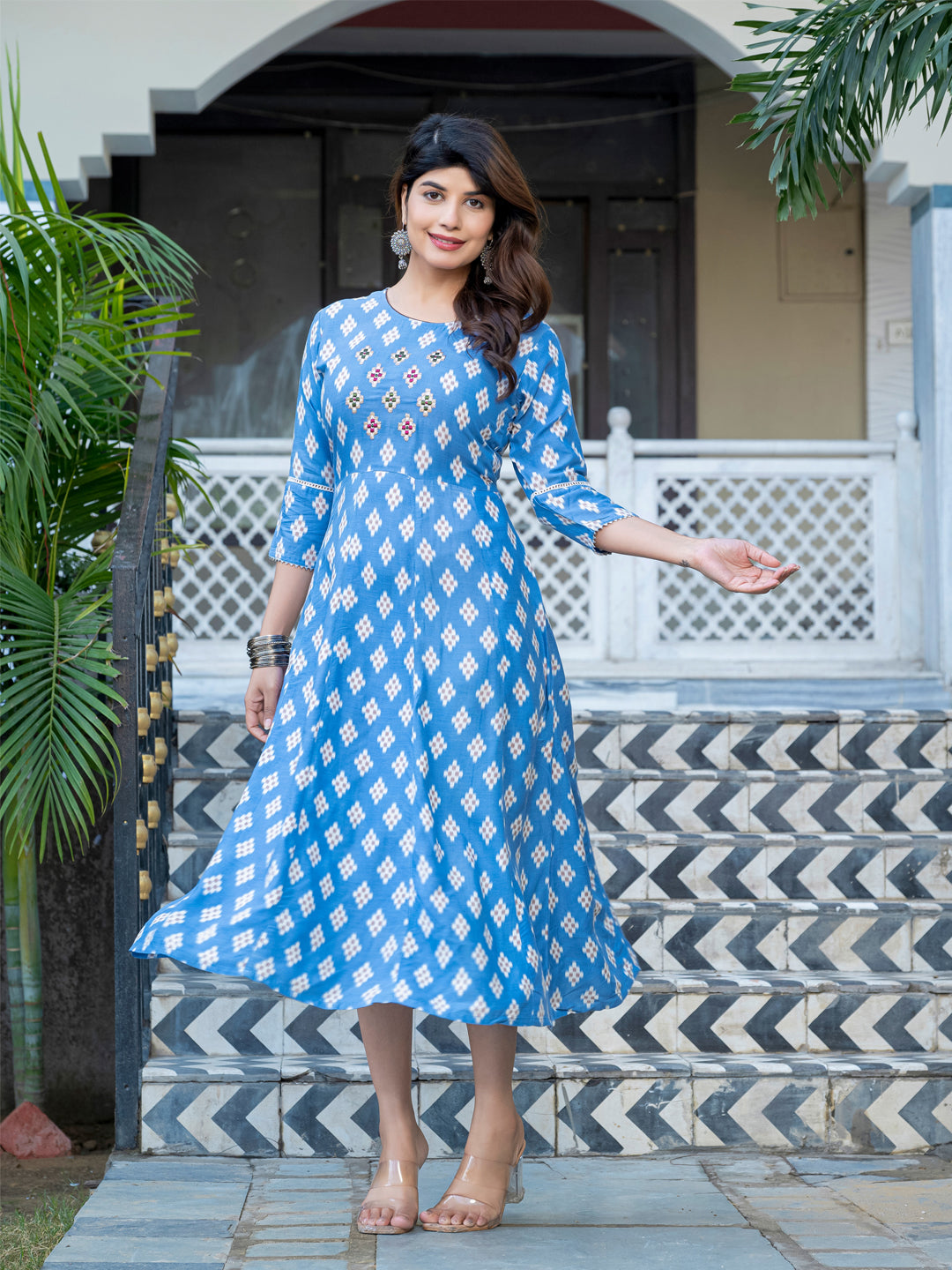 Sky Blue Pure Soft Rayon Print With Embroidery Work Kurti ##color##  with premium fabric and embroidery
