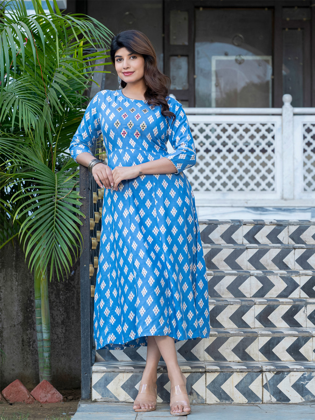Sky Blue Pure Soft Rayon Print With Embroidery Work Kurti ##color##  with premium fabric and embroidery