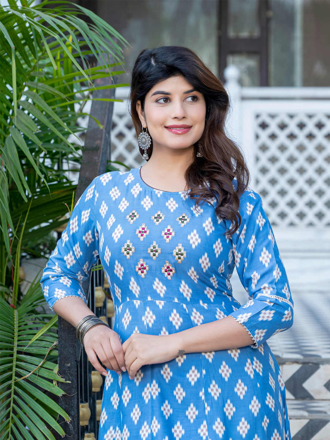 Sky Blue Pure Soft Rayon Print With Embroidery Work Kurti ##color##  with premium fabric and embroidery