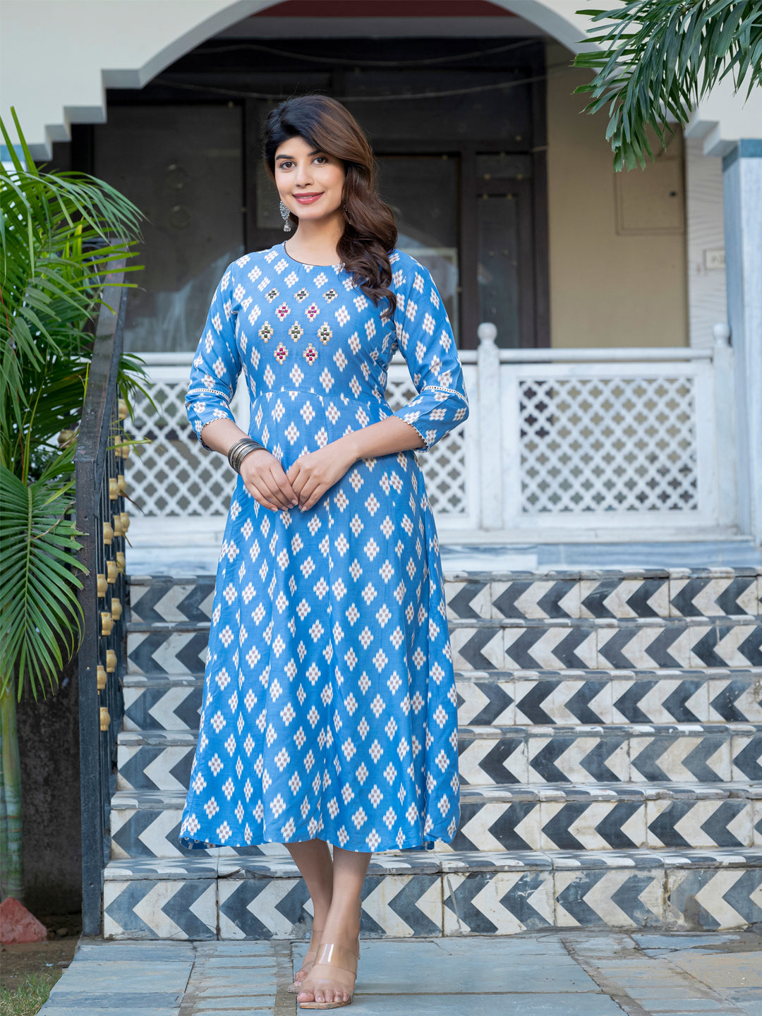 Sky Blue Pure Soft Rayon Print With Embroidery Work Kurti ##color##  with premium fabric and embroidery