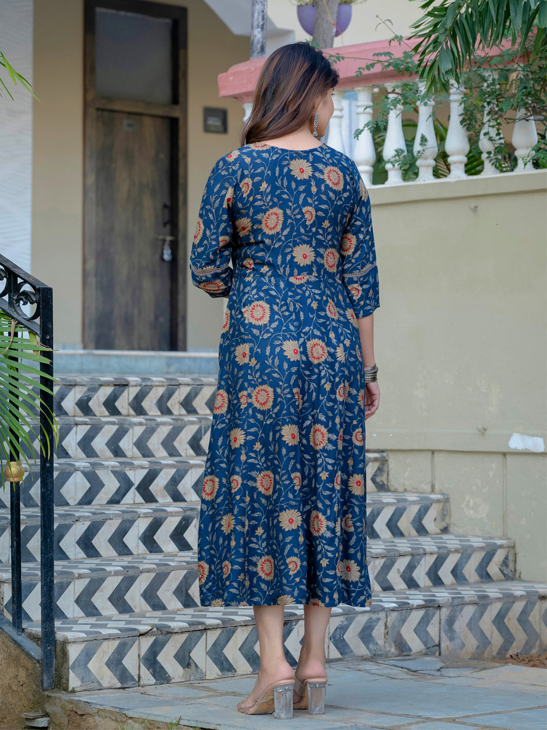 Navy Blue Pure Soft Rayon Print With Embroidery Work Kurti 