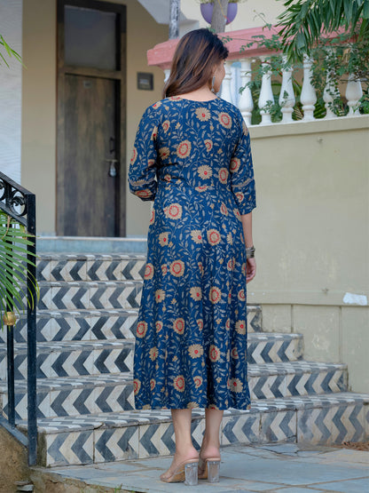 Navy Blue Pure Soft Rayon Print With Embroidery Work Kurti 