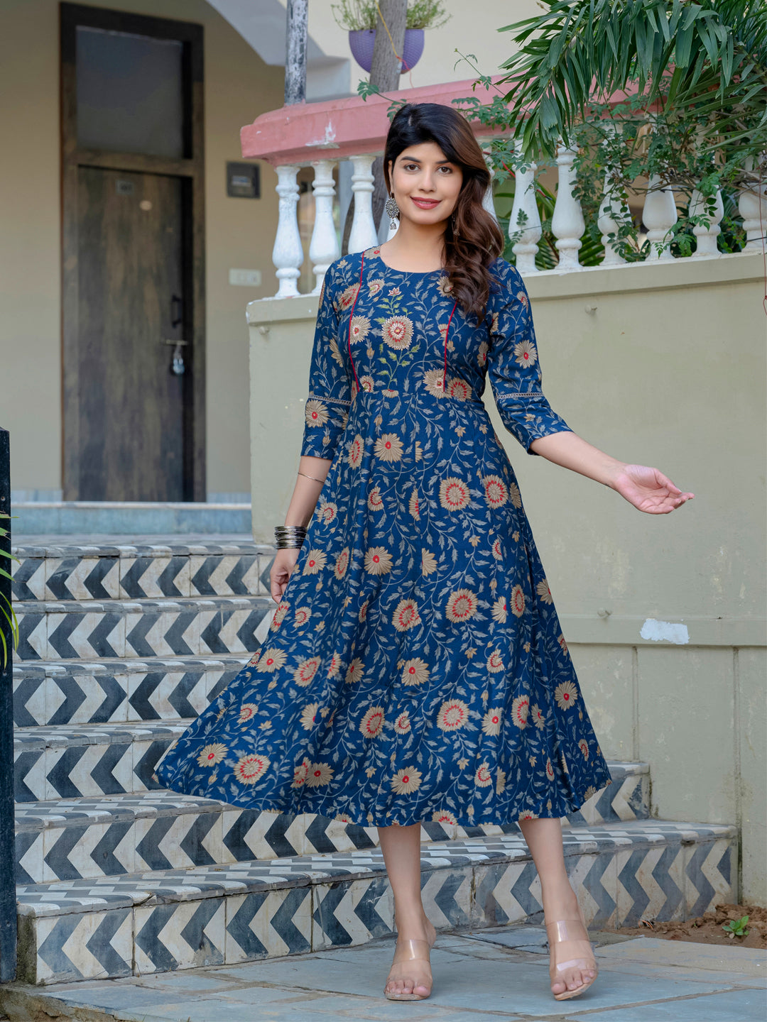 Navy Blue Pure Soft Rayon Print With Embroidery Work Kurti 