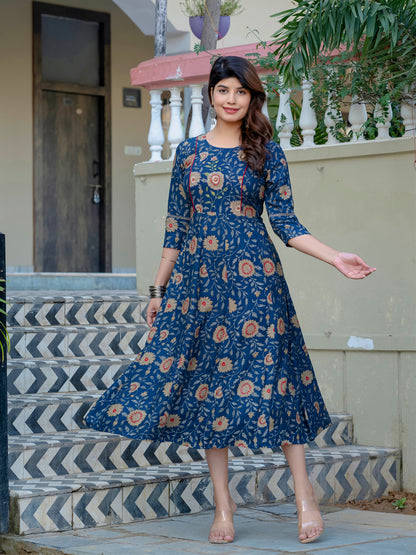 Navy Blue Pure Soft Rayon Print With Embroidery Work Kurti 