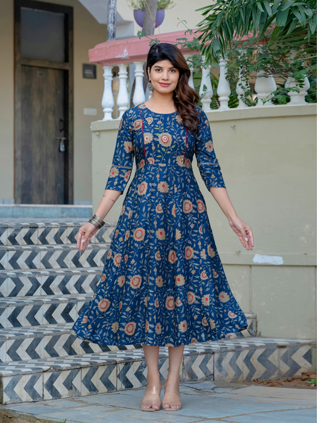 Navy Blue Pure Soft Rayon Print With Embroidery Work Kurti 