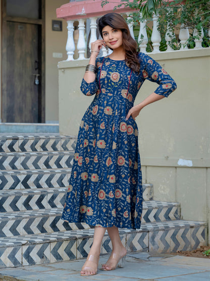 Navy Blue Pure Soft Rayon Print With Embroidery Work Kurti 