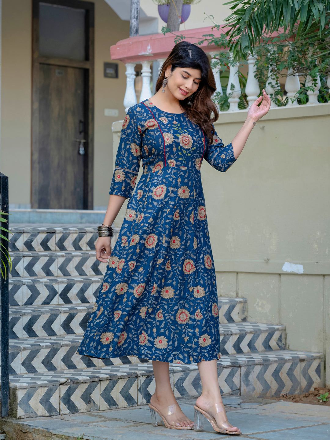 Navy Blue Pure Soft Rayon Print With Embroidery Work Kurti 
