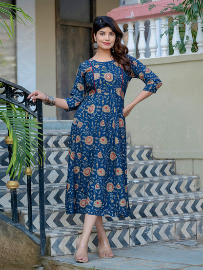 Navy Blue Pure Soft Rayon Print With Embroidery Work Kurti 