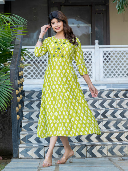Parrot Pure Soft Rayon Print With Embroidery Work Kurti 