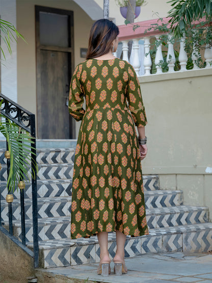 Dark Green Pure Soft Rayon Print With Embroidery Work Kurti 