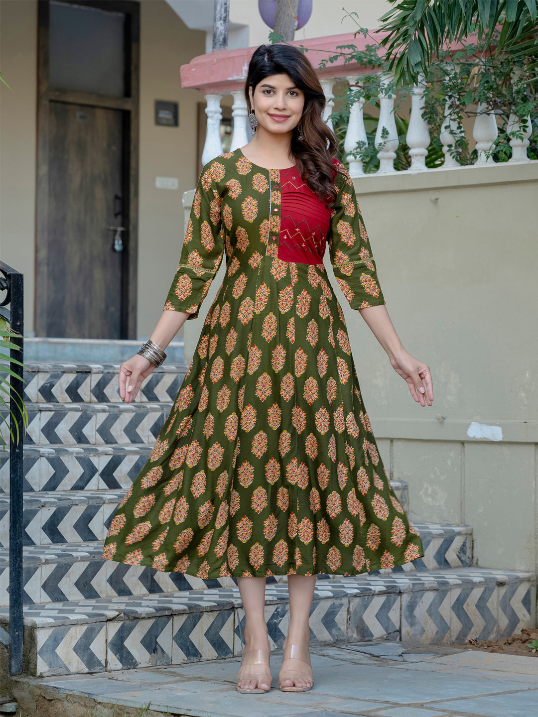Dark Green Pure Soft Rayon Print With Embroidery Work Kurti ##color##  with premium fabric and embroidery