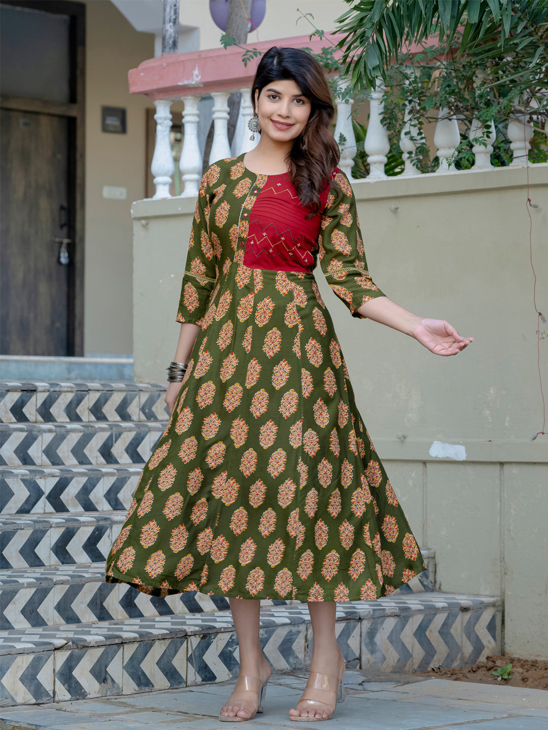 Dark Green Pure Soft Rayon Print With Embroidery Work Kurti 