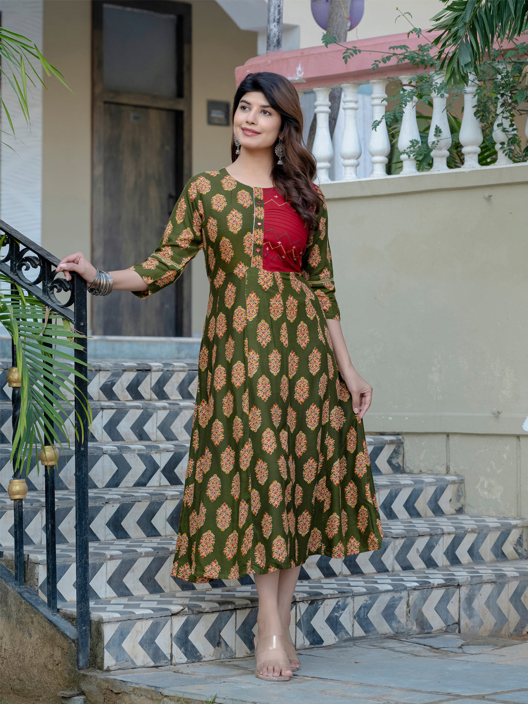 Dark Green Pure Soft Rayon Print With Embroidery Work Kurti 