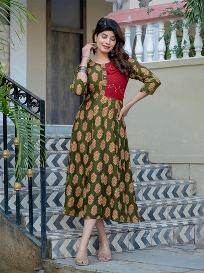 Dark Green Pure Soft Rayon Print With Embroidery Work Kurti 