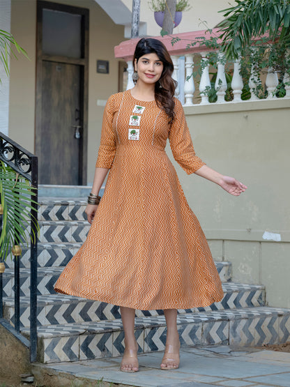 Rust Pure Soft Rayon Print With Embroidery Work Kurti 