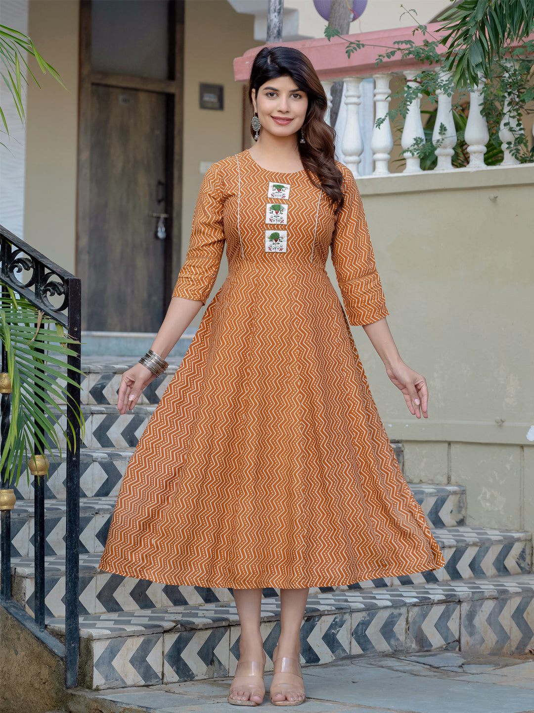 Rust Pure Soft Rayon Print With Embroidery Work Kurti ##color##  with premium fabric and embroidery