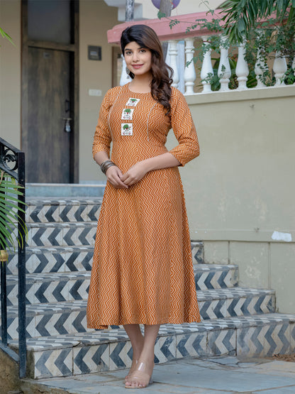 Rust Pure Soft Rayon Print With Embroidery Work Kurti 