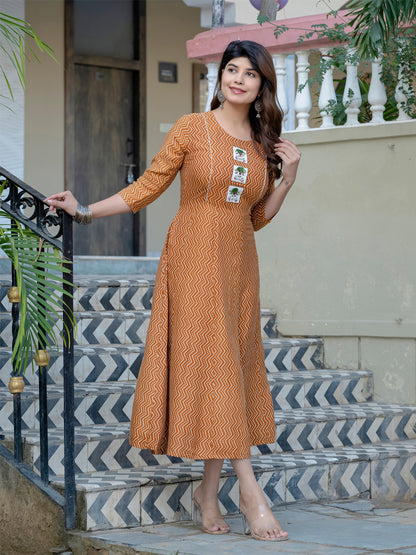 Rust Pure Soft Rayon Print With Embroidery Work Kurti 