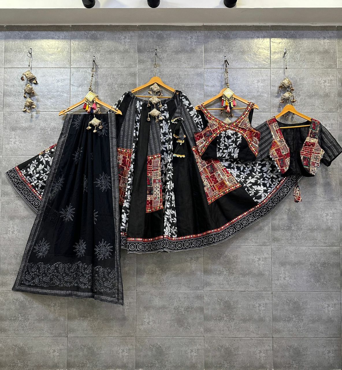 Black &amp; Red Pure Khadi Cotton Koti Concept Chaniya Choli Set