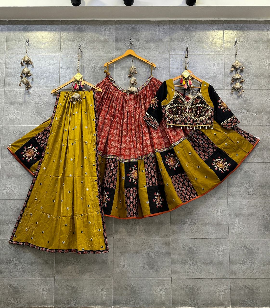 Yellow &amp; Red Ikkat Khadi Cotton Chaniya Choli with Heavy Gamthi Work