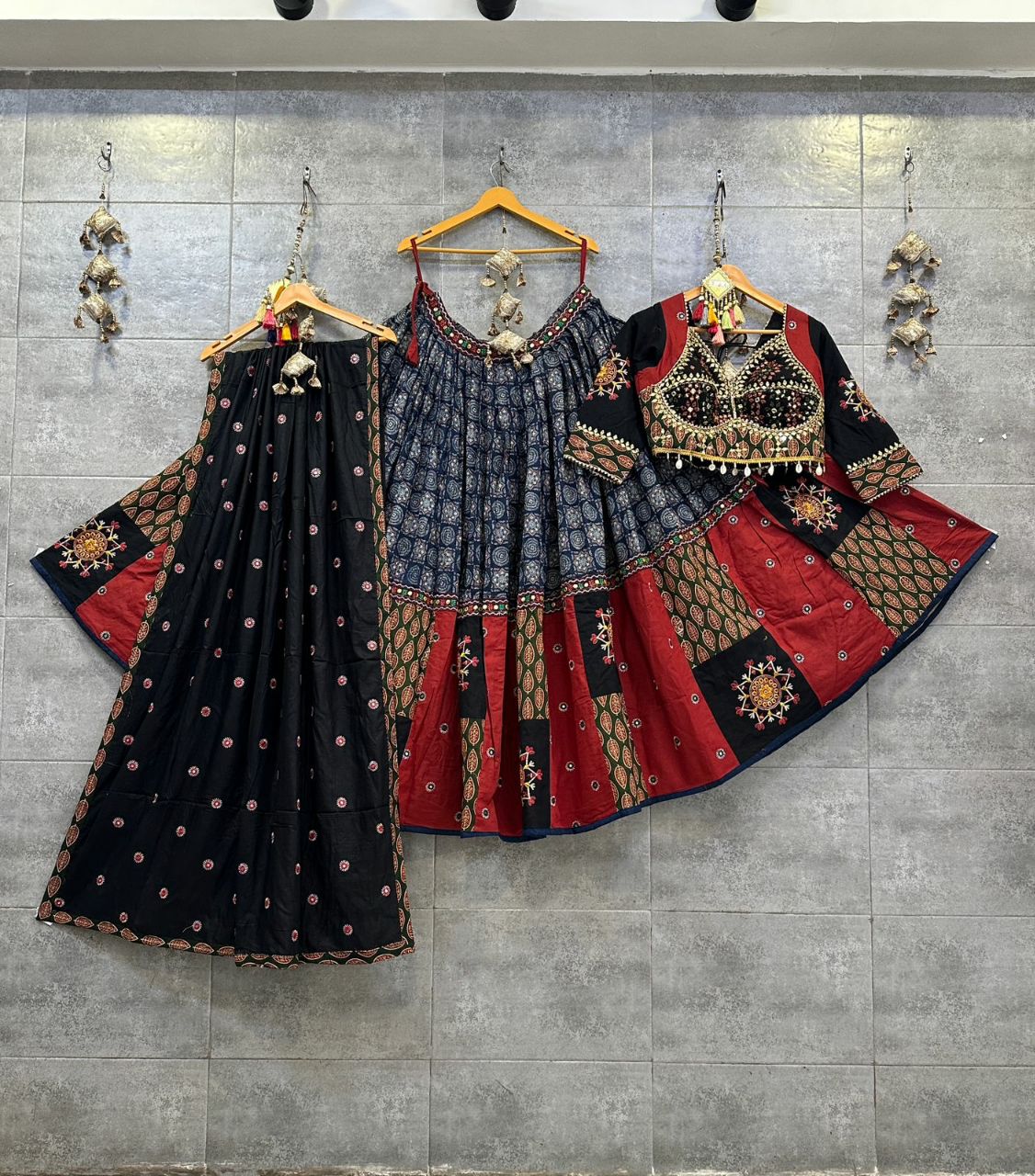 Black &amp; Red Ikkat Khadi Cotton Chaniya Choli with Heavy Gamthi Work