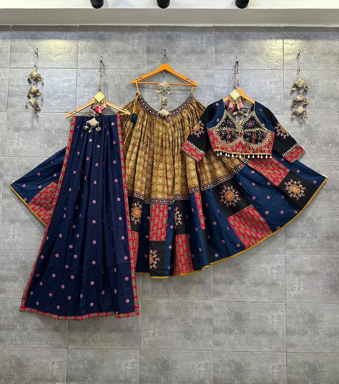 Blue &amp; Mustard Ikkat Khadi Cotton Chaniya Choli with Heavy Gamthi Work