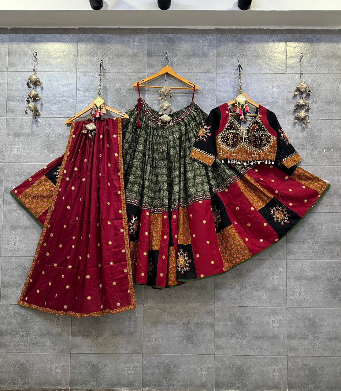 Green &amp; Maroon Ikkat Khadi Cotton Chaniya Choli with Heavy Gamthi Work