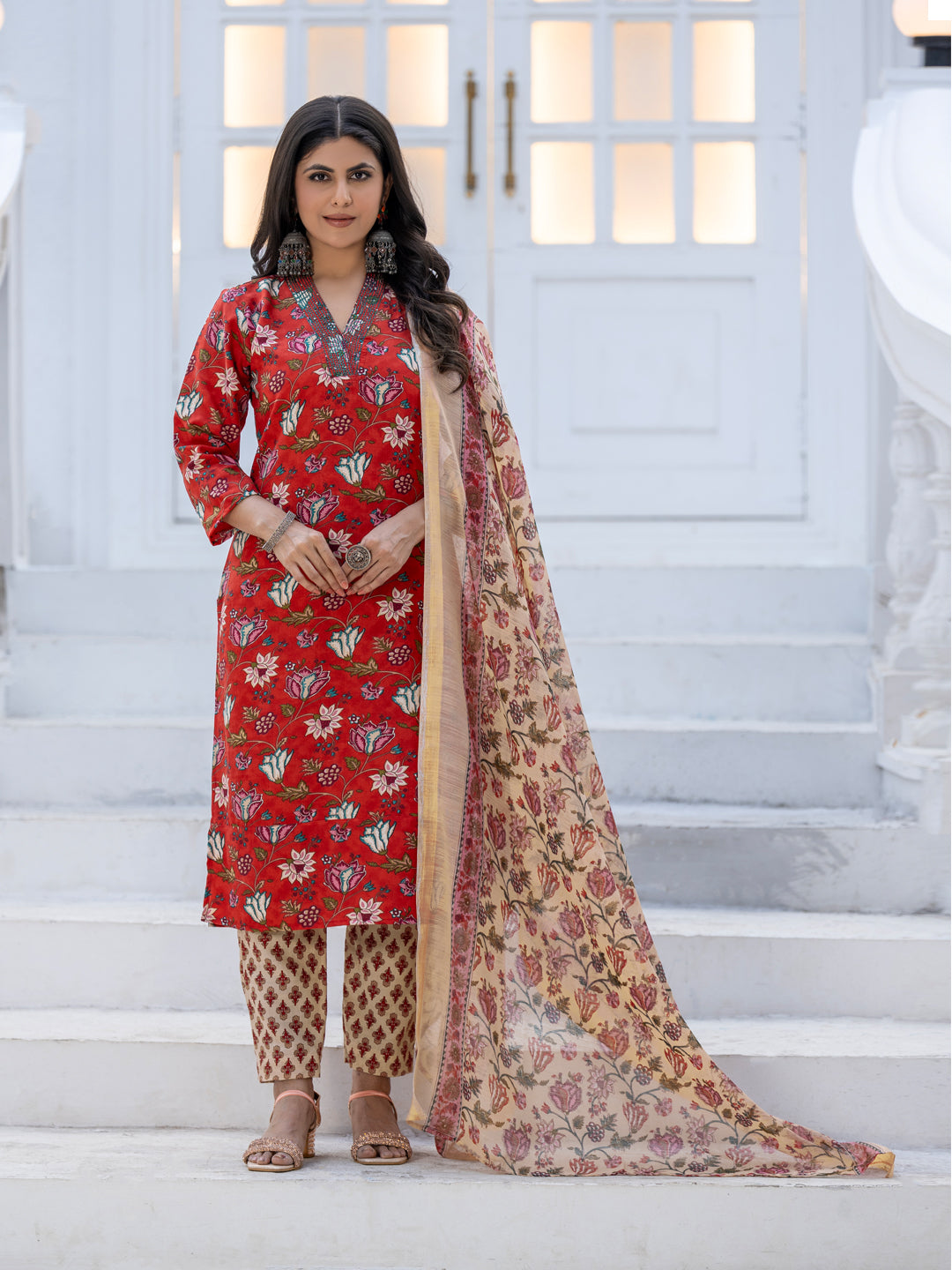 Red Pure Soft Rayon Print with Thread Work Salwar Suit 