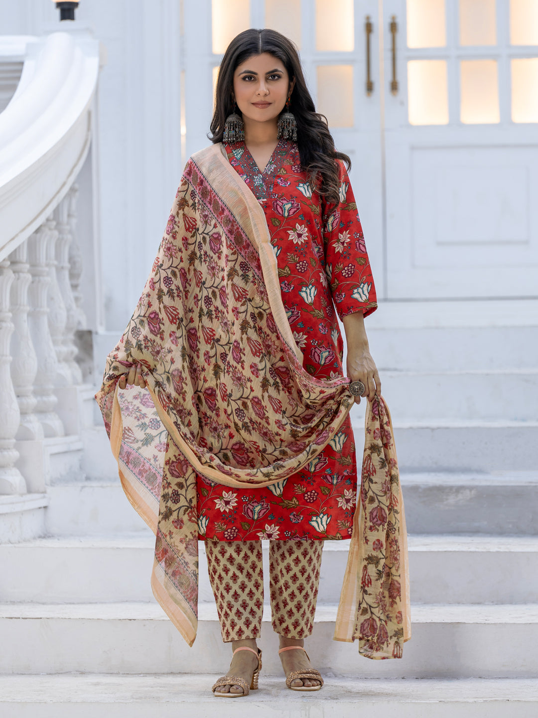 Red Pure Soft Rayon Print with Thread Work Salwar Suit 