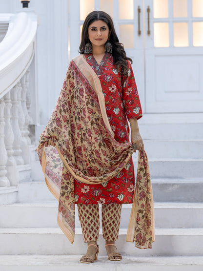 Red Pure Soft Rayon Print with Thread Work Salwar Suit 
