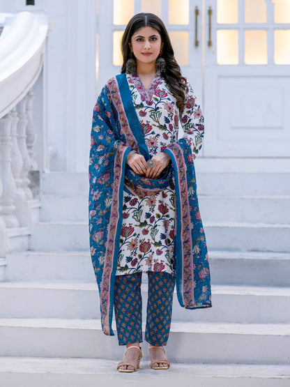 White Pure Soft Rayon Print with Thread Work Salwar Suit 