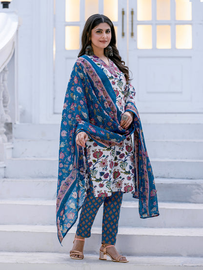 White Pure Soft Rayon Print with Thread Work Salwar Suit 