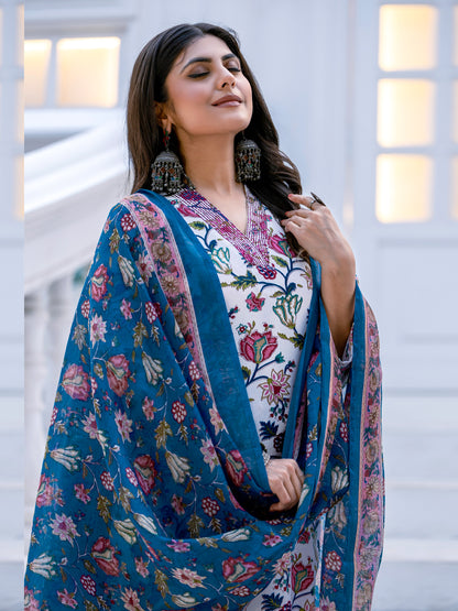 White Pure Soft Rayon Print with Thread Work Salwar Suit 