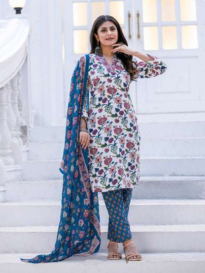 White Pure Soft Rayon Print with Thread Work Salwar Suit 