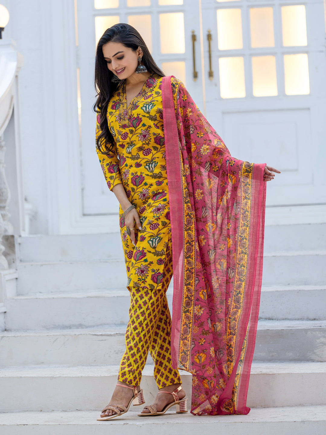 Yellow Pure Soft Rayon Print with Thread Work Salwar Suit 