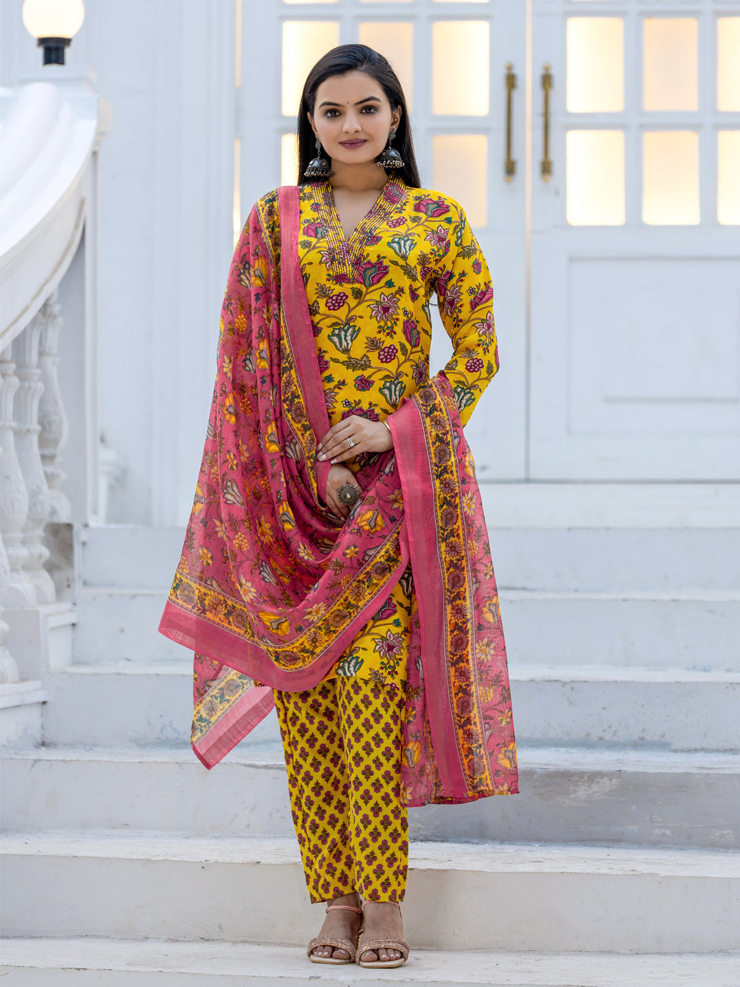 Yellow Pure Soft Rayon Print with Thread Work Salwar Suit 