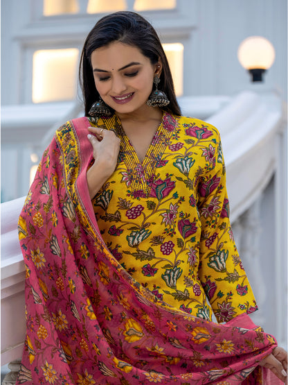 Yellow Pure Soft Rayon Print with Thread Work Salwar Suit 