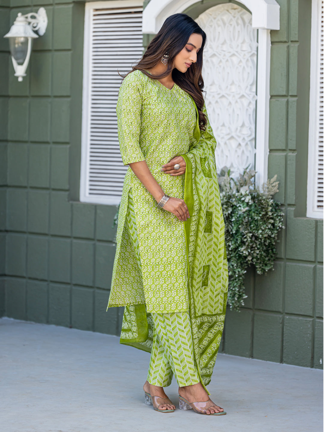 Parrot Pure Soft Cotton Blend Print Salwar Suit ##color## Salwar Suit. with premium fabric and embroidery