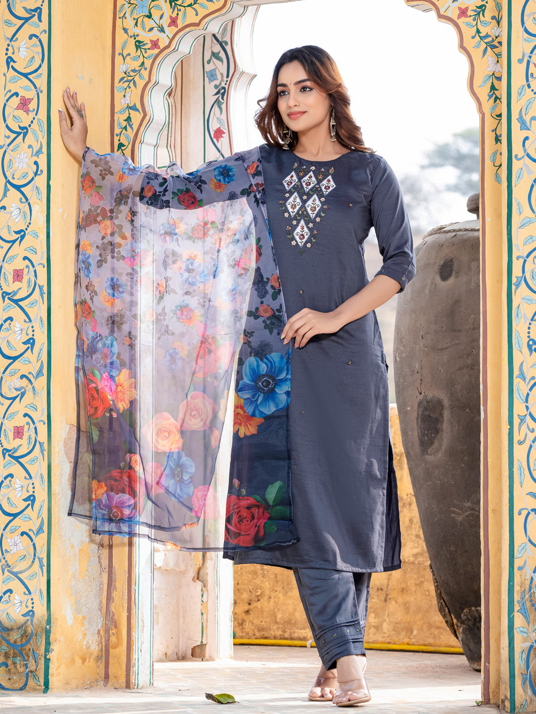 Grey Pure Soft Silk With Hand Work Salwar Suit 