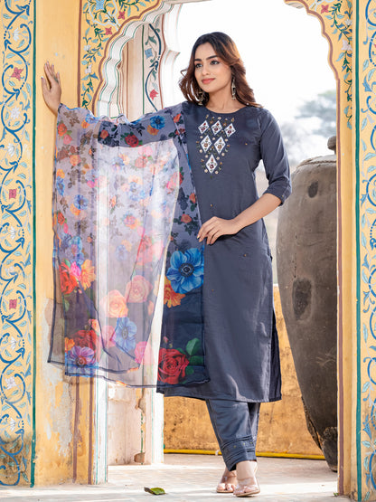Grey Pure Soft Silk With Hand Work Salwar Suit 