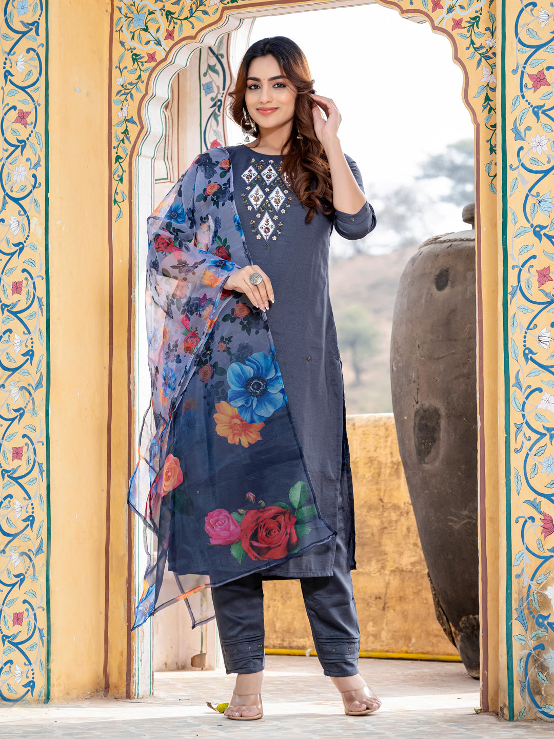 Grey Pure Soft Silk With Hand Work Salwar Suit ##color## Salwar Suit. with premium fabric and embroidery