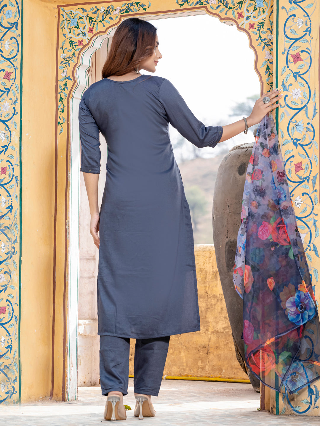 Grey Pure Soft Silk With Hand Work Salwar Suit ##color## Salwar Suit. with premium fabric and embroidery