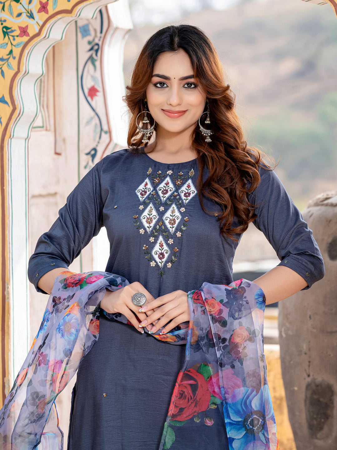 Grey Pure Soft Silk With Hand Work Salwar Suit 